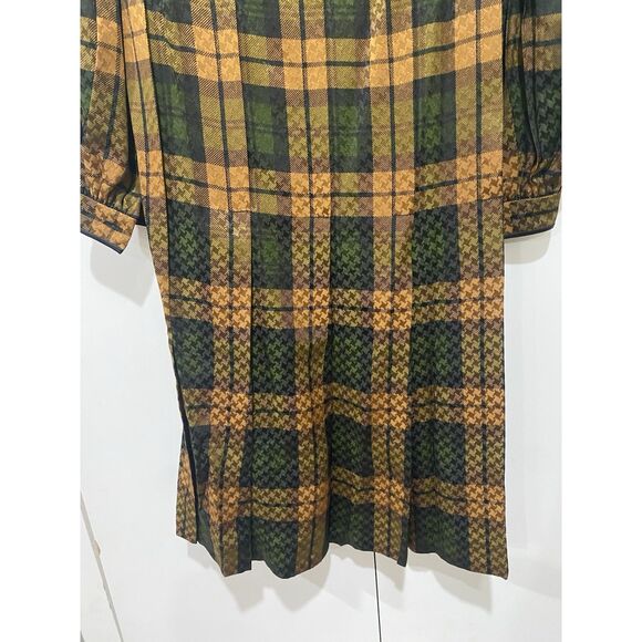 James Galanos Sz XS Silk Dress Shift Green Brown Plaid Long Bishop Sleeves MIDI - Picture 8 of 15